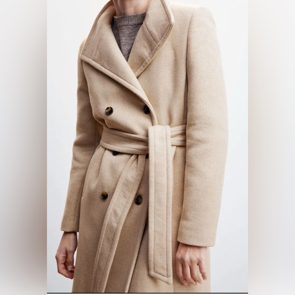 Mango Menteco Wool Blend Double Breasted Tailored Classic Tan Belted Coat - Picture 6 of 11